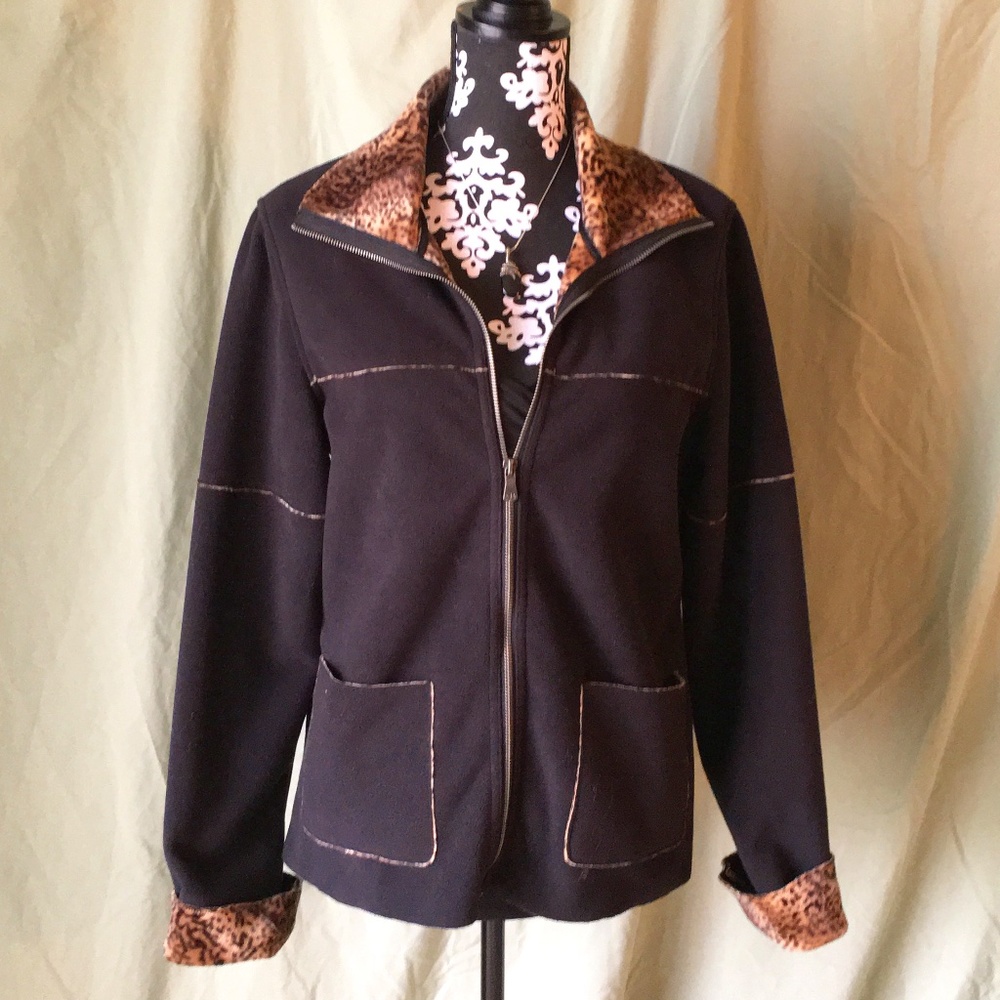 Vintage 90's Zip Up Black Leopard Trim Soft Jacket - Picture 1 of 12